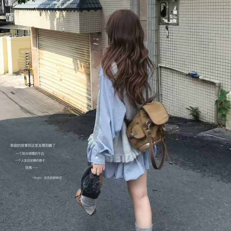 韩系复古格子蝴蝶结系带衬衫裙显瘦花苞裙女背心甜美套装秋季纽扣|undefined