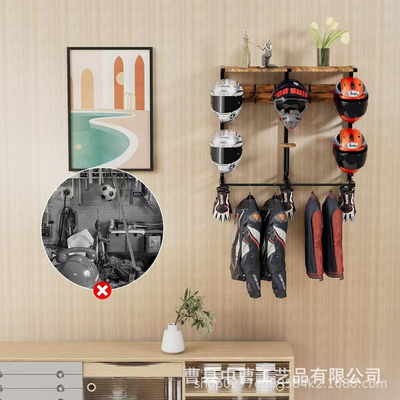 Motorcycle Helmet Rack with Multiple J-Shaped Hooks and Clip Hooks, Wall-Mounted Helmet Holder, Small Off-Road Helmet Stand