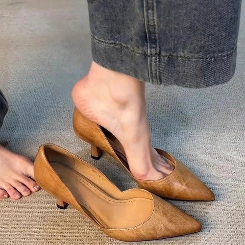 English-style Korean-version pointed-toe deep-mouth single women's retro PU leather flat low-heel fashionable versatile temperament shoes