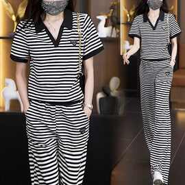 2026夏季新款条纹v领拼接套装女大码洋气减龄小衫休闲裤子两件套