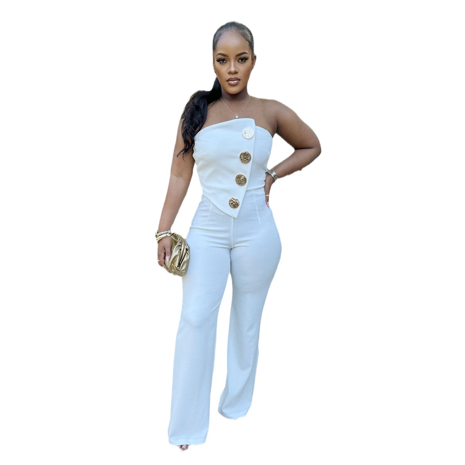 Damenbekleidung - Jumpsuit mit hüftlangem Wickeloberteil und weitem Bein und elastischem Bund_voghion.com