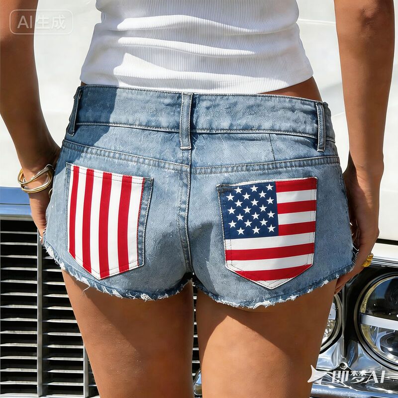 European and American Cross-Border Exclusive Supply of Low-Waist American Flag Shorts, Frayed Hot Pants, Cross-Border Hot Girl Style Ultra-Short Women's Jeans