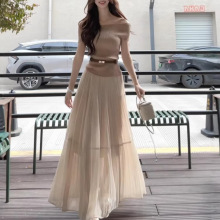 一字肩针织上衣短袖设计感短款t恤温柔时尚a字半身裙套装