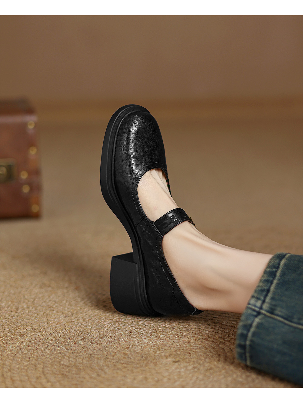 Giày Mary Jane nữ đế dày retro quai ngang gót vuông — đen chi tiết 10