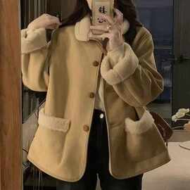 复古鹿皮绒羊羔毛加绒外套女冬季宽松加厚保暖皮毛一体机车棉服潮
