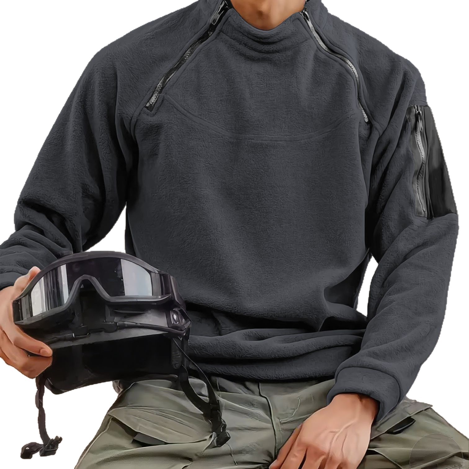 Men's Winter Stand Collar Fleece-Lined Thickened Hoodie Double Zipper Design Trendy Workwear Sweatshirt_voghion.com