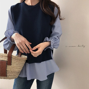 2024 plus size women's chubby girl export South Korea women's two-piece long sleeve shirt knitted vest suit