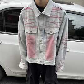 美式潮牌洗水直喷马骝白色牛仔衣男秋季宽松百搭休闲情侣夹克外套