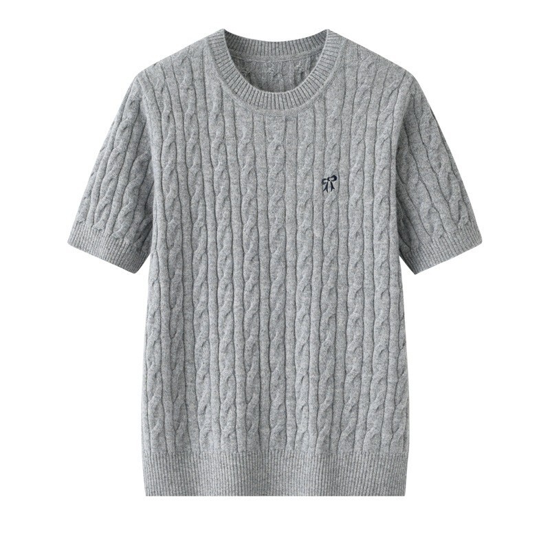 2025 Spring New Thin Round Neck Knitted Cashmere Sweater Short-sleeved Embroidered Twist Slimming Western Style Cashmere Half-sleeved Women