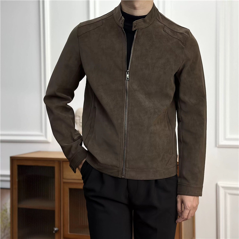 Korean Style Stand Collar Motorcycle Leather Jacket Men's Autumn and Winter Casual Pu Jacket Brown Work Jacket Short Handsome Loose Top Korean Style Stand Collar Motorcycle Leather Jacket Men's Autumn and Winter Casual Pu Jacket Brown Work Jacket Short Handsome Loose Top