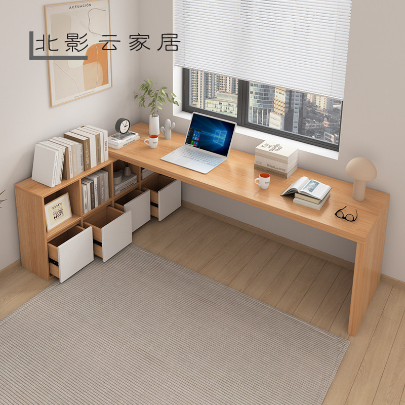 Modern minimalist double desk with storage cabinet, corner computer desk for two people, home writing desk, Nordic-style corner office desk