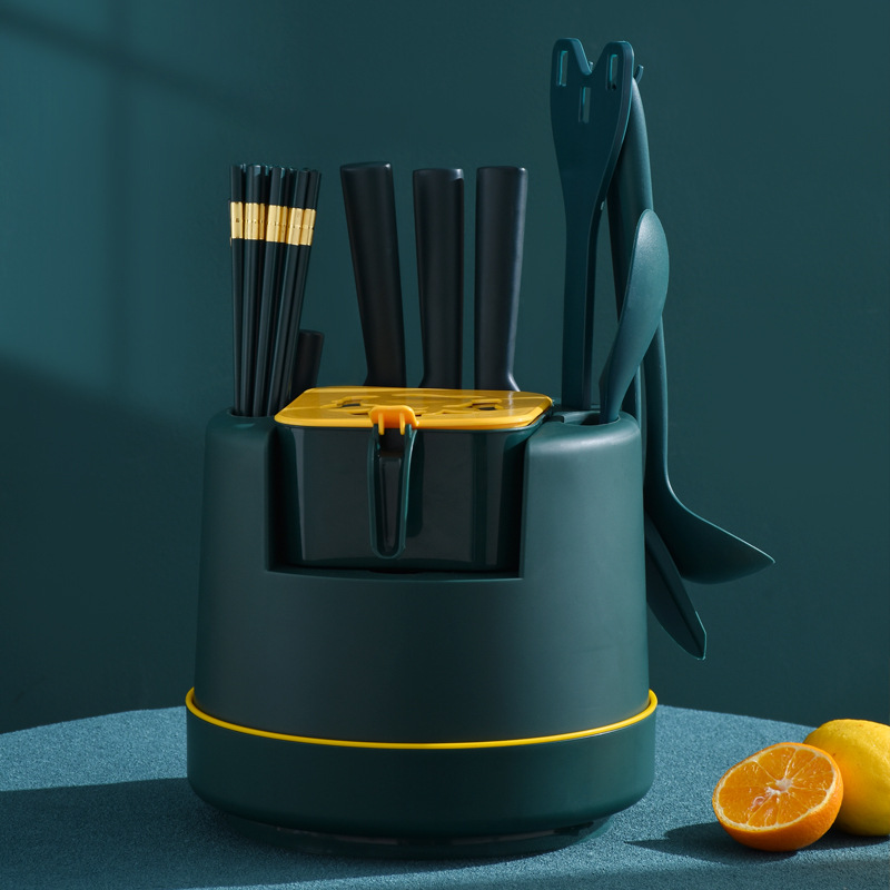 Cocina condimento estante de almacenamiento giratorio cuchillo titular palillos espátula caja de almacenamiento piso giratorio drenaje rack