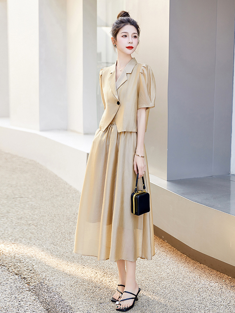 Bộ đồ Tencel nữ hai mảnh gồm áo và chân váy midi thắt eo — Màu đen, Màu xám, Màu kaki