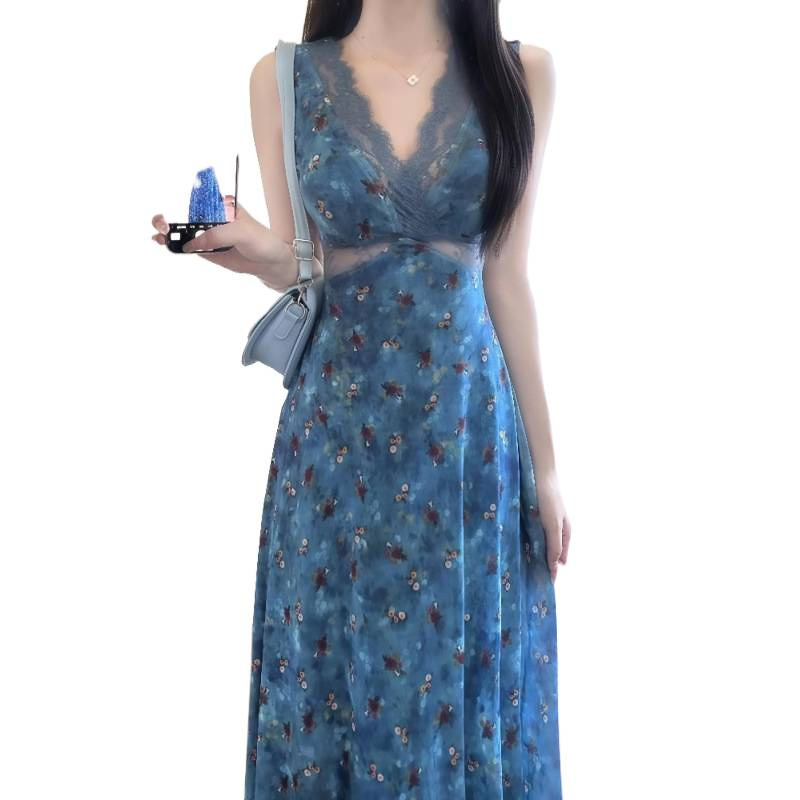 夏季流行爆款法式气质女神范轻奢高级感蕾丝拼接蓝色碎花连衣裙子|undefined