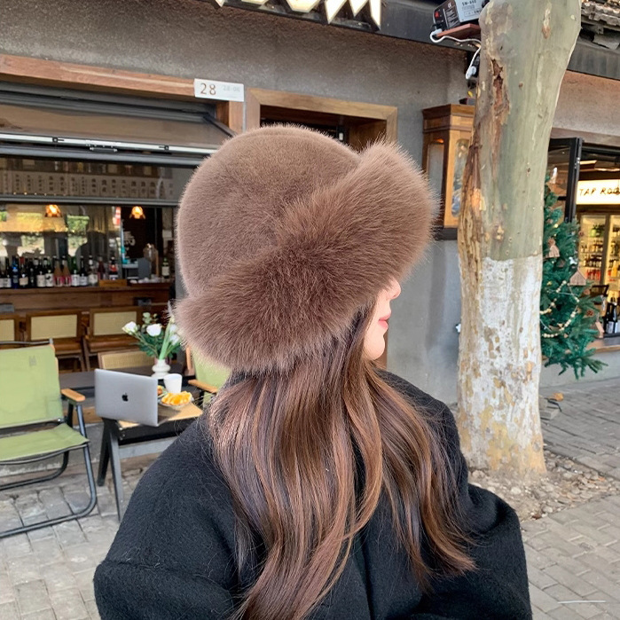 毛绒蒙古帽女秋冬保暖帽子东北盆帽显脸小护耳仿狐狸毛帽韩版时尚|undefined