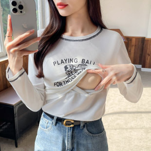 Breastfeeding Top Pure Cotton Long Sleeve T-Shirt Base Shirt Postpartum Breastfeeding Period Clothes for Going Out in Autumn and Winter