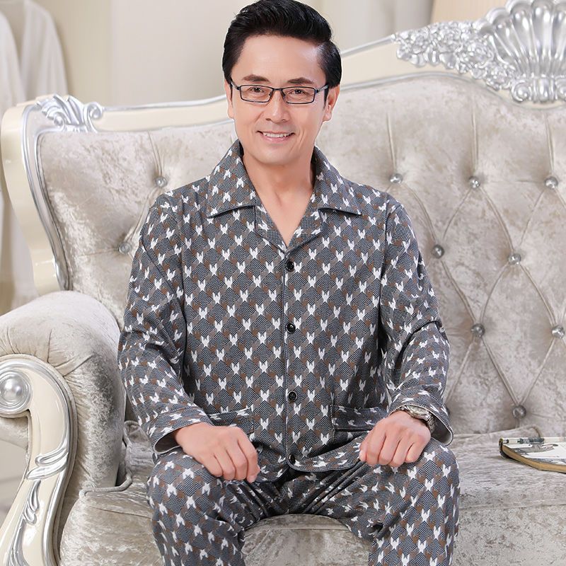 Pijamas hombres primavera y otoño manga larga 100% algodón de mediana edad y ancianos papá algodón más tamaño traje de desgaste para el hogar de los hombres