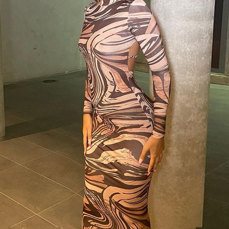 Printed half high neck long sleeve cut out backless dress NSJYF109006