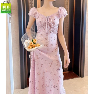 碎花紫色连衣裙女夏季新款法式V领气质收腰显瘦斜裁A字长裙度假风