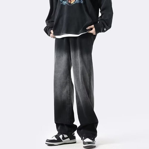 Retro Washed Gradient Denim Jeans for Men - Summer and Autumn American Trend Loose Fit Universal Straight Leg Ground-Length Pants