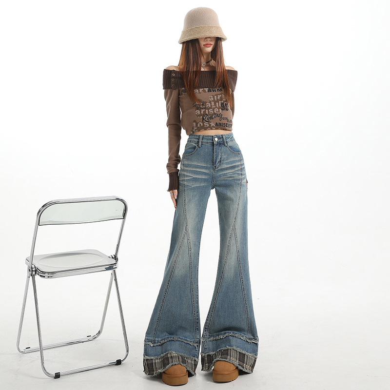 Black and Gray Bootcut Jeans for Women in Autumn and Winter New Style American Plaid Stitching Plaid Petite Wide-Leg Fishtail Flared Pants