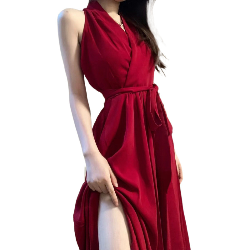 높은 허리 원피스 프랑스 로맨틱 붉은 목 여성의 2022 가을 V-목 타이트 허리 스트랩 중간 길이 원피스