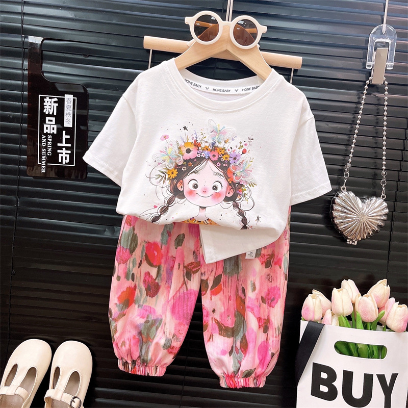 Children's short-sleeved cotton A- type jacket anti-mosquito pants children's A- type summer children's short-sleeved suit pants a generation of hair