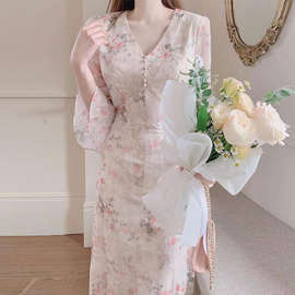 韩国chic春季法式浪漫V领花色印花设计修身显瘦七分袖雪纺连衣裙