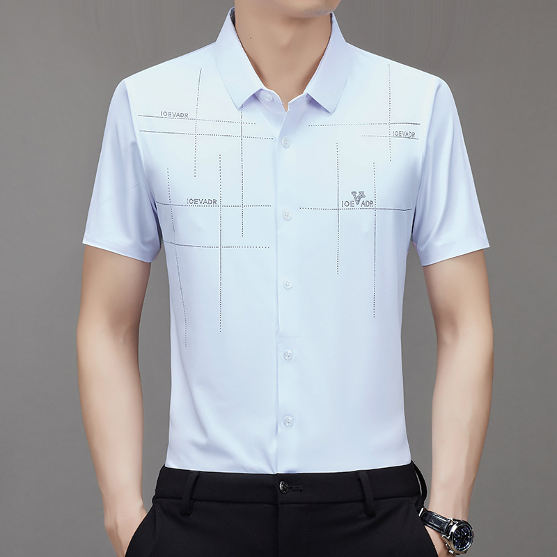 2026 Short-Sleeved Men's Shirt Summer New Style High-End Thin Style Middle-Aged Business Casual Elastic Seamless Shirt for Men