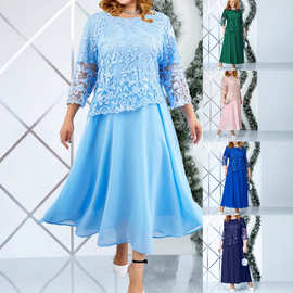 跨境亚马逊新款大码女装水溶绣花裙欧美速卖通外贸蕾丝雪纺连衣裙