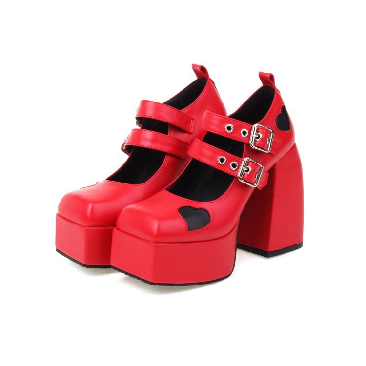 New square head double buckle love splicing single shoes waterproof platform thick high heel women's shoes_voghion.com