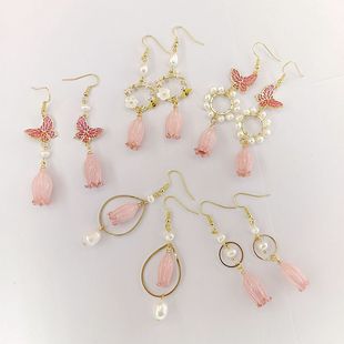Japanese cute fuchsia earrings, ear clips, silver 925 sample