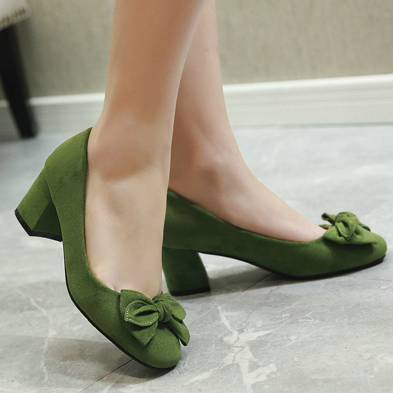 Spring and Autumn single-layer shoes Korean style bow shallow mouth versatile retro suede thick heel fairy single-layer shoes Mori women's high heels women's shoes