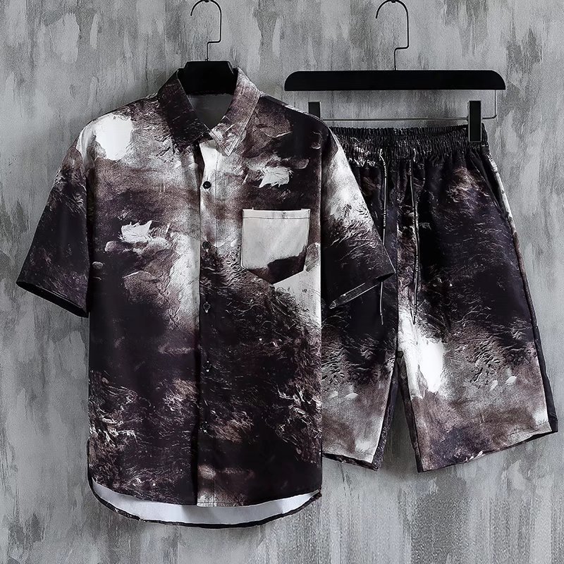 해변 반팔 반바지 세트 남성 유행 캐주얼 플러스 사이즈 지방 남성 의류 낙서 꽃 셔츠 해변 휴가