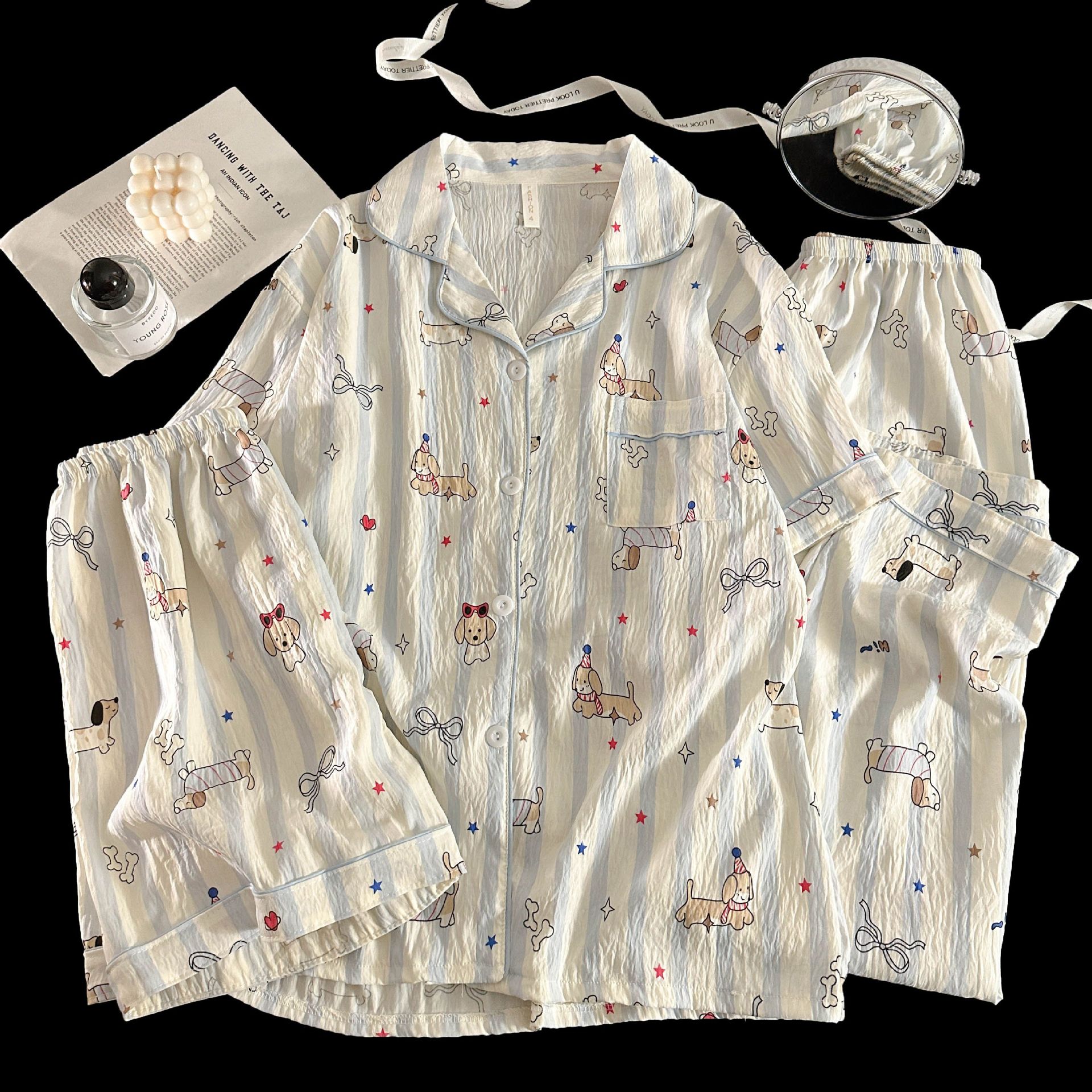 Verano transfronterizo nuevo estilo cómodo nube de algodón de tres piezas solapa pantalones cortos de manga corta pantalones ropa a domicilio traje de pijama de mujer