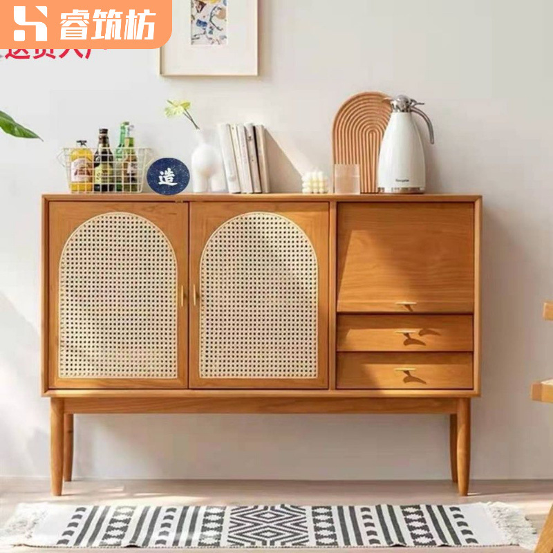 Solid Wood Rattan Sideboard Modern Simple Solid Wood Tea Cabinet Japanese Style Living Room Nordic Side Cabinet Storage Storage Cabinet