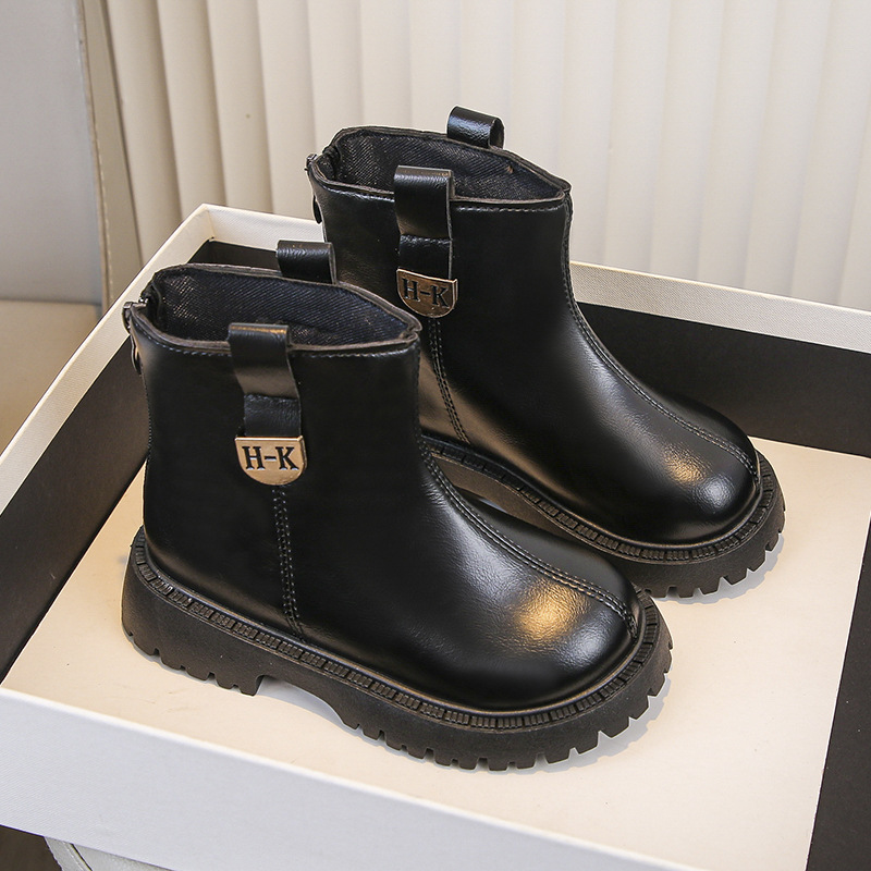 Martin 2024 Herbst/Winter Neue Kollektion Kinder Kurze schwarze Lederstiefel mit weicher Sohle im britischen Stil für Mädchen_voghion.com