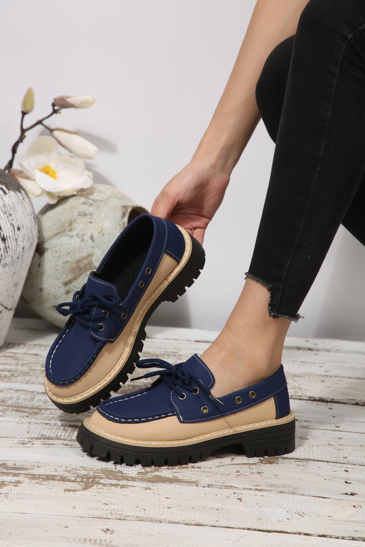 Damesloafers in grote maten met vetersluiting, kleurblokken, casual, lente, nieuwe stijl, enkelschoenen_voghion.com