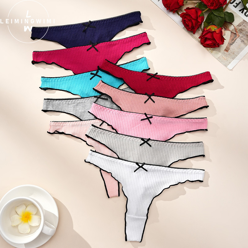 Solid Color Thong Women's Sexy Pure Desire Bow Comfortable Seamless Breathable Vertical Pattern Wrapping Women's Underwear Cross-border