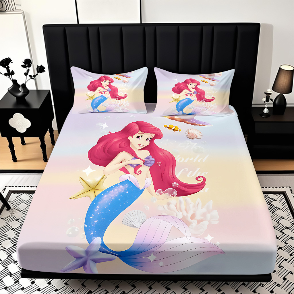 JIT modo Temu 3D impresión de caricatura sirena cama textil casera camisa ropa de cama tres piezas set transfronterizo mayorista