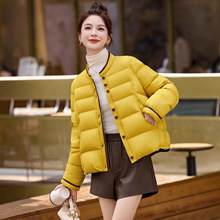 时尚撞色短款羽绒服女黄色2025冬季小个子保暖90鸭绒外套面包服潮