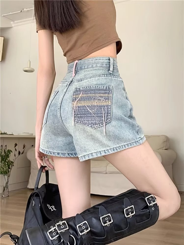 Pantalones Cortos de Mezclilla de Talle Alto de Poliéster, Microelástico