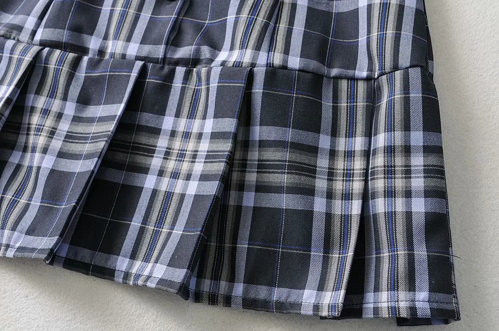 Small lapel plaid waist new style contrast color ruffled A-line skirt NSHS61810