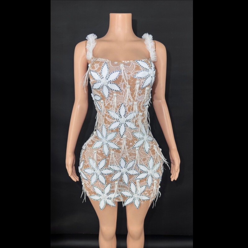 European and American Sexy See-Through Lace Suspender Short Dress Cocktail Party Evening Dress Niche High-End Banquet Dress