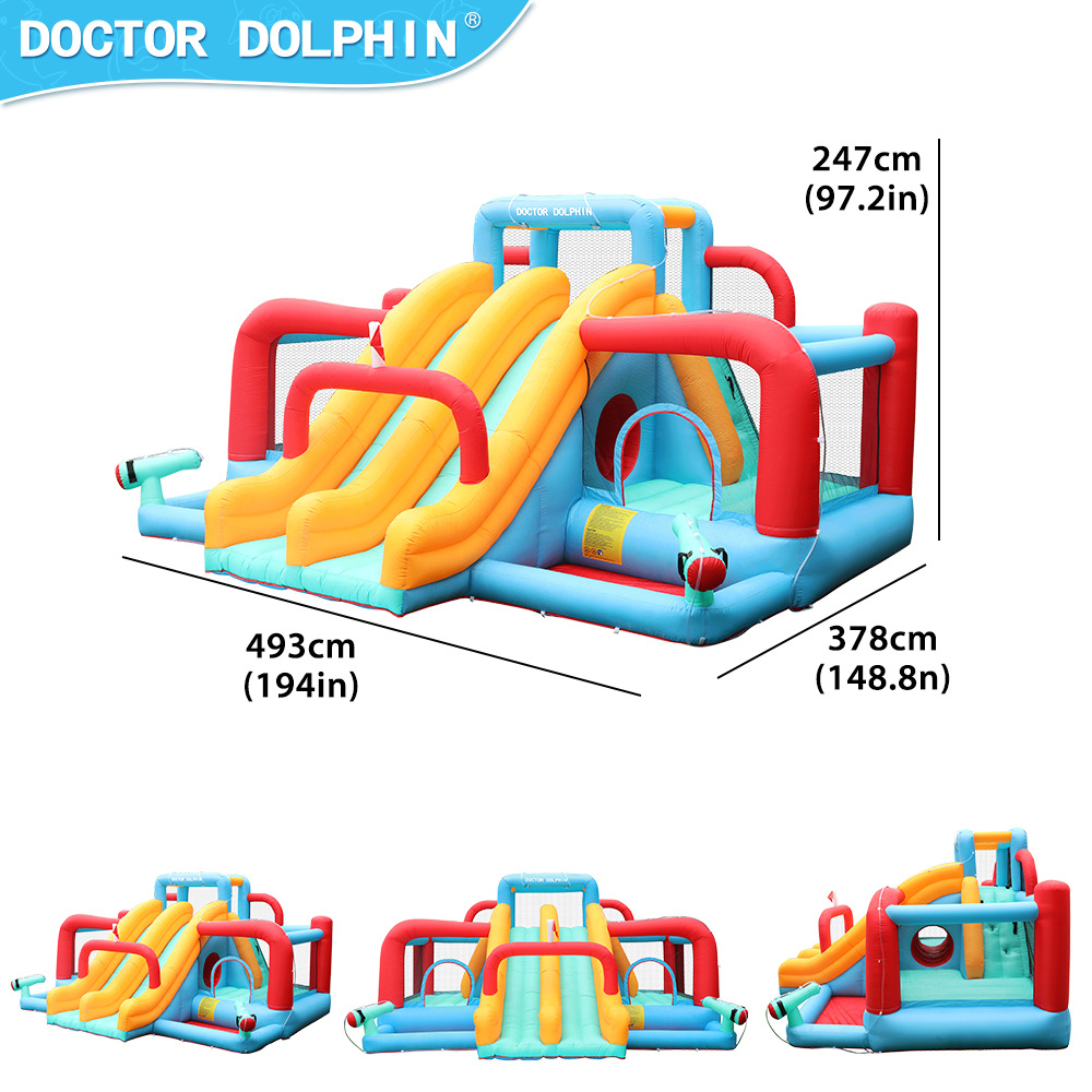 Castillo inflable para niños Doctor Dolphin, parque acuático inflable con doble tobogán para el hogar, castillo inflable interior con trampolín
