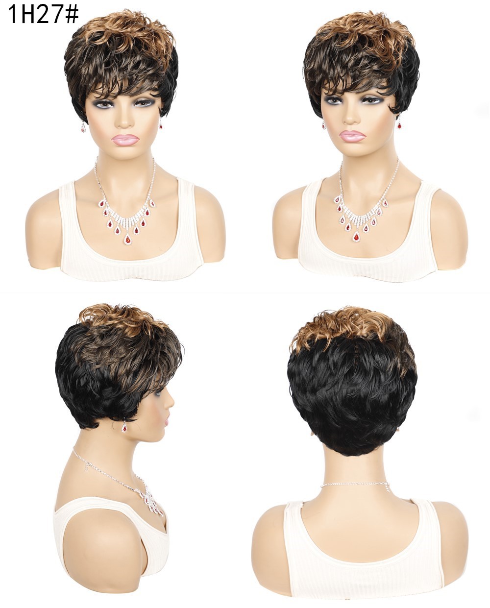 Parrucca sintetica Capelli corti ricci tinti con frangia colorata Fascia corta da donna_voghion.com