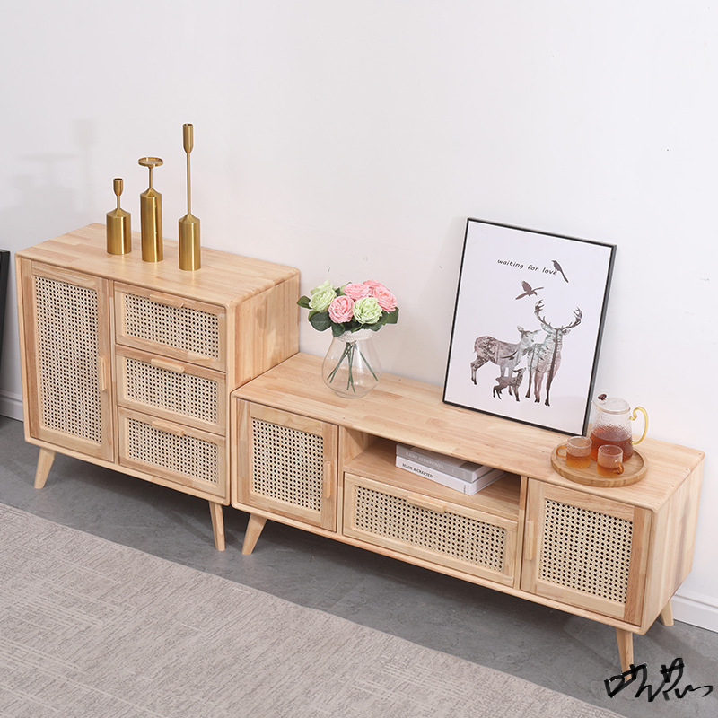 American-style chest of drawers office simple solid wood Nordic solid wood rattan log bedside table Japanese-style small storage