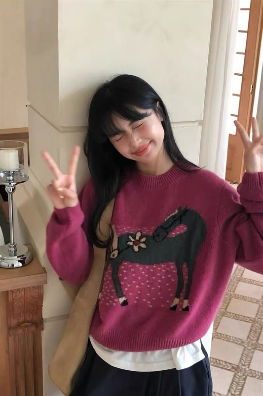 韩系卡通小马提花圆领套头毛衣女秋冬新款宽松时尚减龄针织衫上衣|undefined
