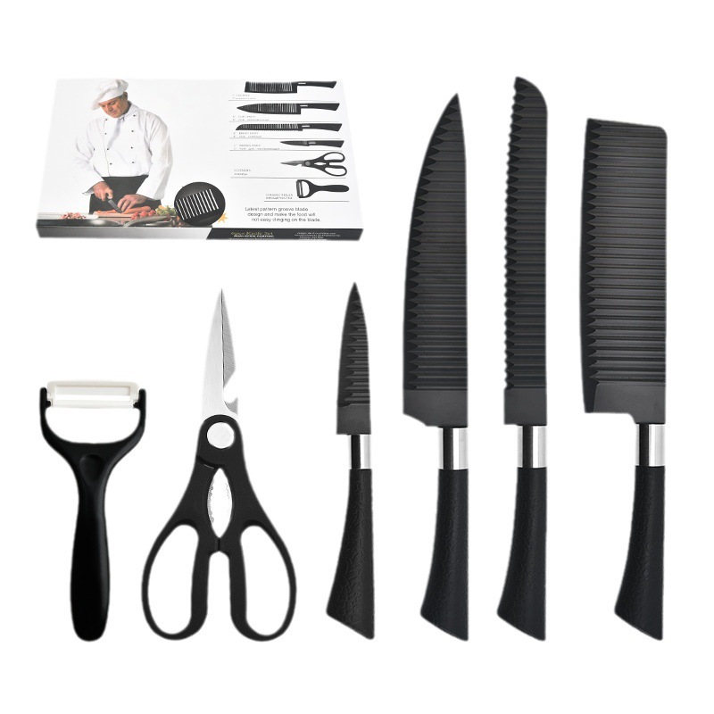 Spot Factory Mango de herradura ondulado Juego de seis piezas Cuchillo de cocina Cuchillo de pan Cuchillo de chef Cuchillo de frutas Juego de cuchillos cepillados de melón