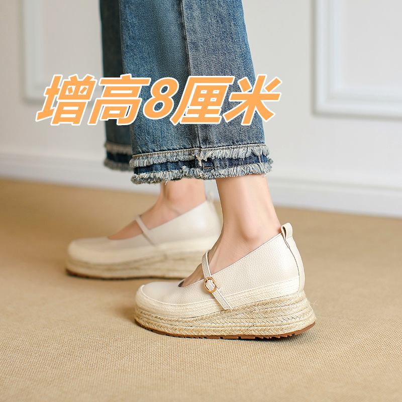 内增高麻绳底渔夫鞋坡跟玛丽珍单鞋女浅口高跟厚底防水台草编女鞋|undefined